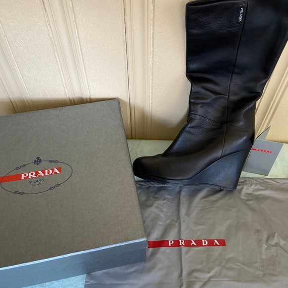 Prada Shoes - Prada Mid Calf Wedge Boots Size 8.5 w/ box & bag